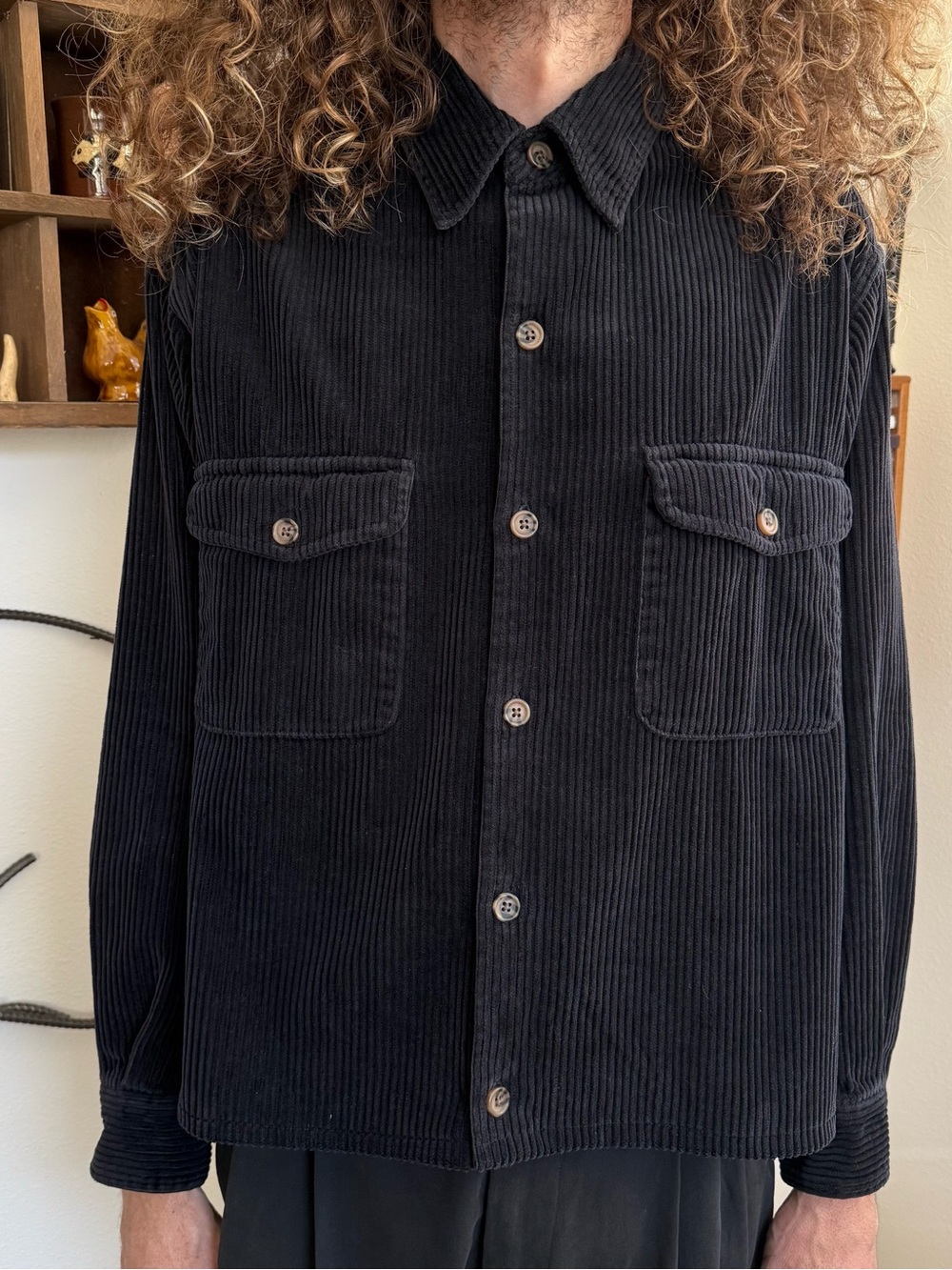 Vintage Y2K Black Chunky Corduroy Cropped Boxy Button Down Shirt ~ Size S